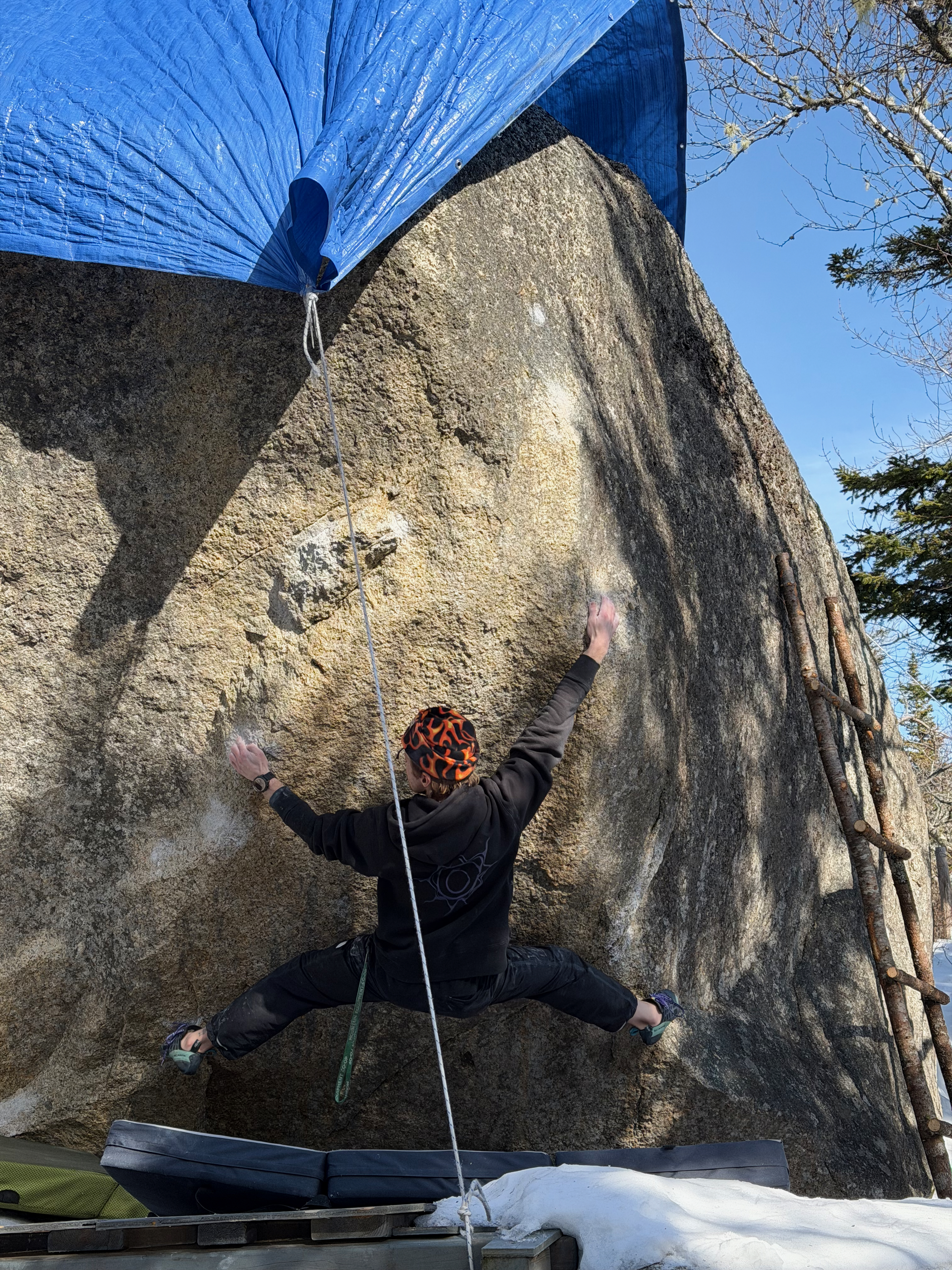 Climber stretched across boulder problem Grizzly, left hand and right foot extended to holds, body tense in wide compression. The scene is outdoors at Owl’s House in West Pennant, Nova Scotia, with leafless trees and scattered crash pads visible. The atmosphere feels focused and determined, capturing the challenge of the climb.